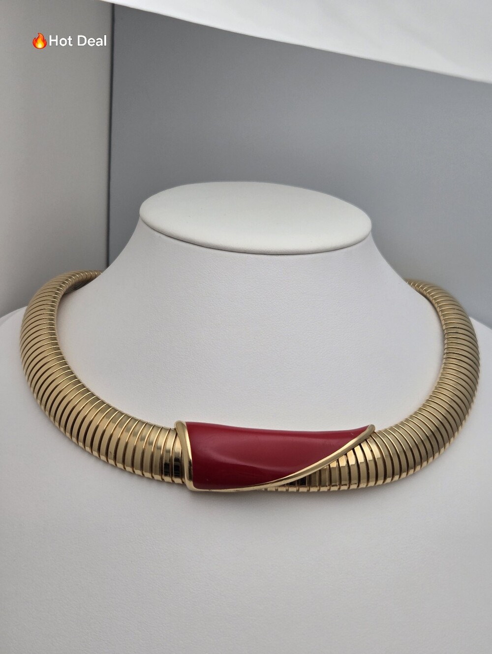 Monet Red Enamel Gold Tone Serpentine Omega Choker Necklace 16"